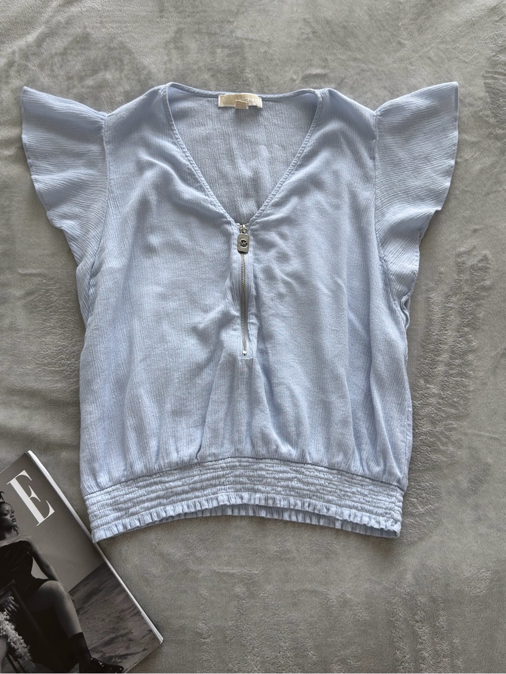 Michael Kors Light Blue Flutter Sleeve V-Neck Top with Front Zip Detail